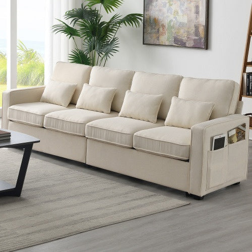 Modern Linen Sofa with Armrest Pockets and Pillows