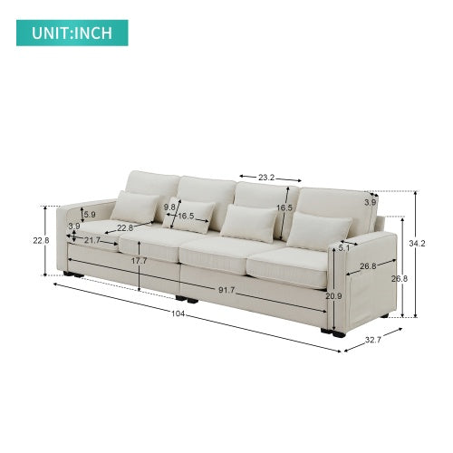 Modern Linen Sofa with Armrest Pockets and Pillows