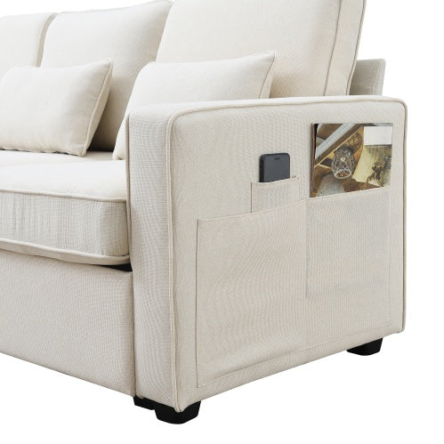 Modern Linen Sofa with Armrest Pockets and Pillows