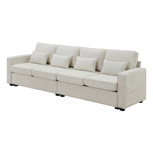 Modern Linen Sofa with Armrest Pockets and Pillows