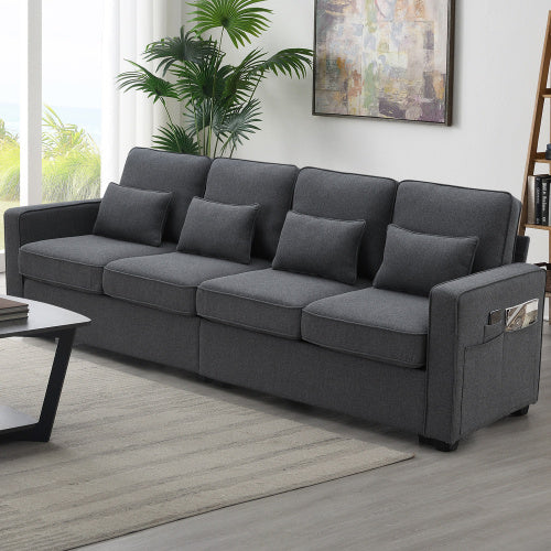 Modern Linen Sofa with Armrest Pockets and Pillows